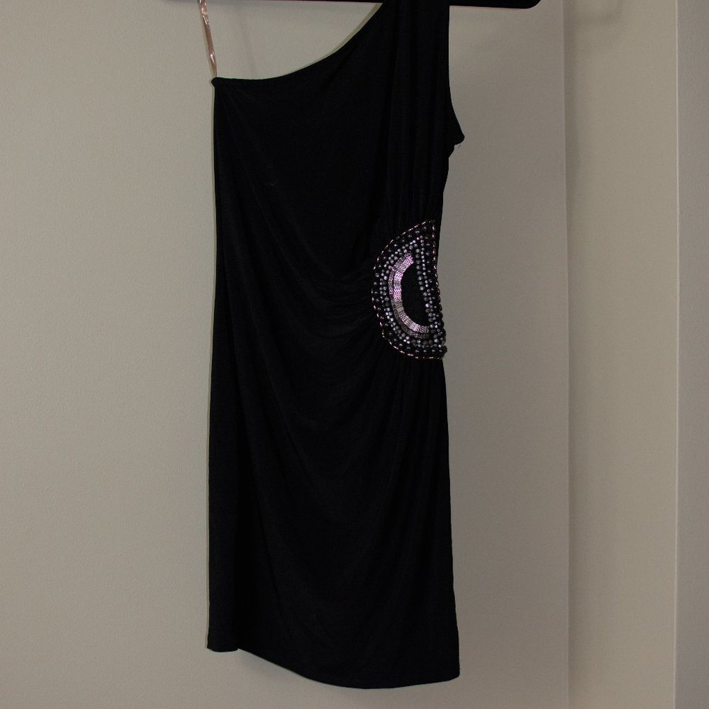 one shoulder little black bodycon dress with beaded ruche - M